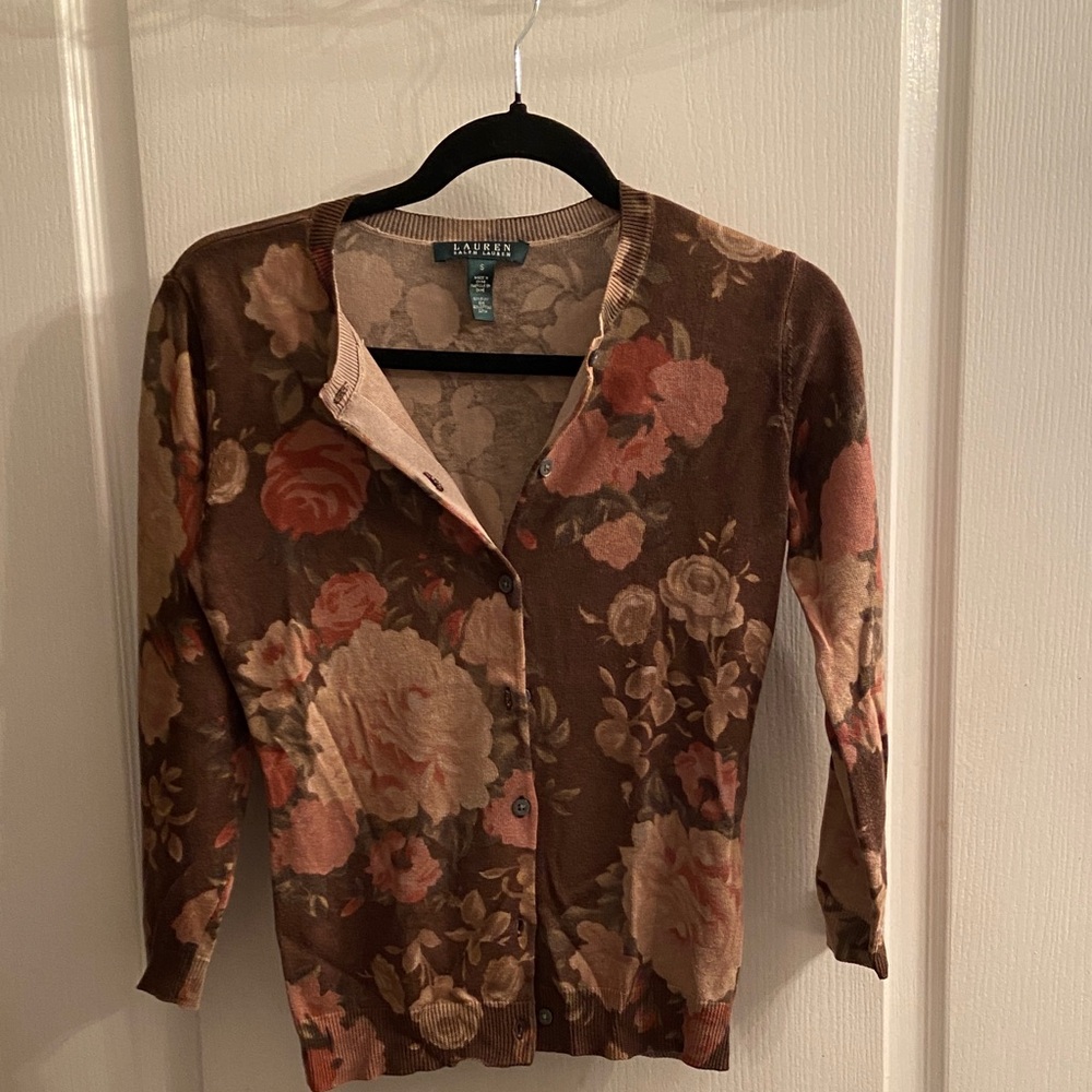 Ralph Lauren Silk Floral Brown Cardigan